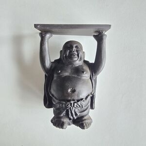 Laughing Buddha Black Cast Iron Figurine Trinket Tray Holder 6” Zen Decor Statue